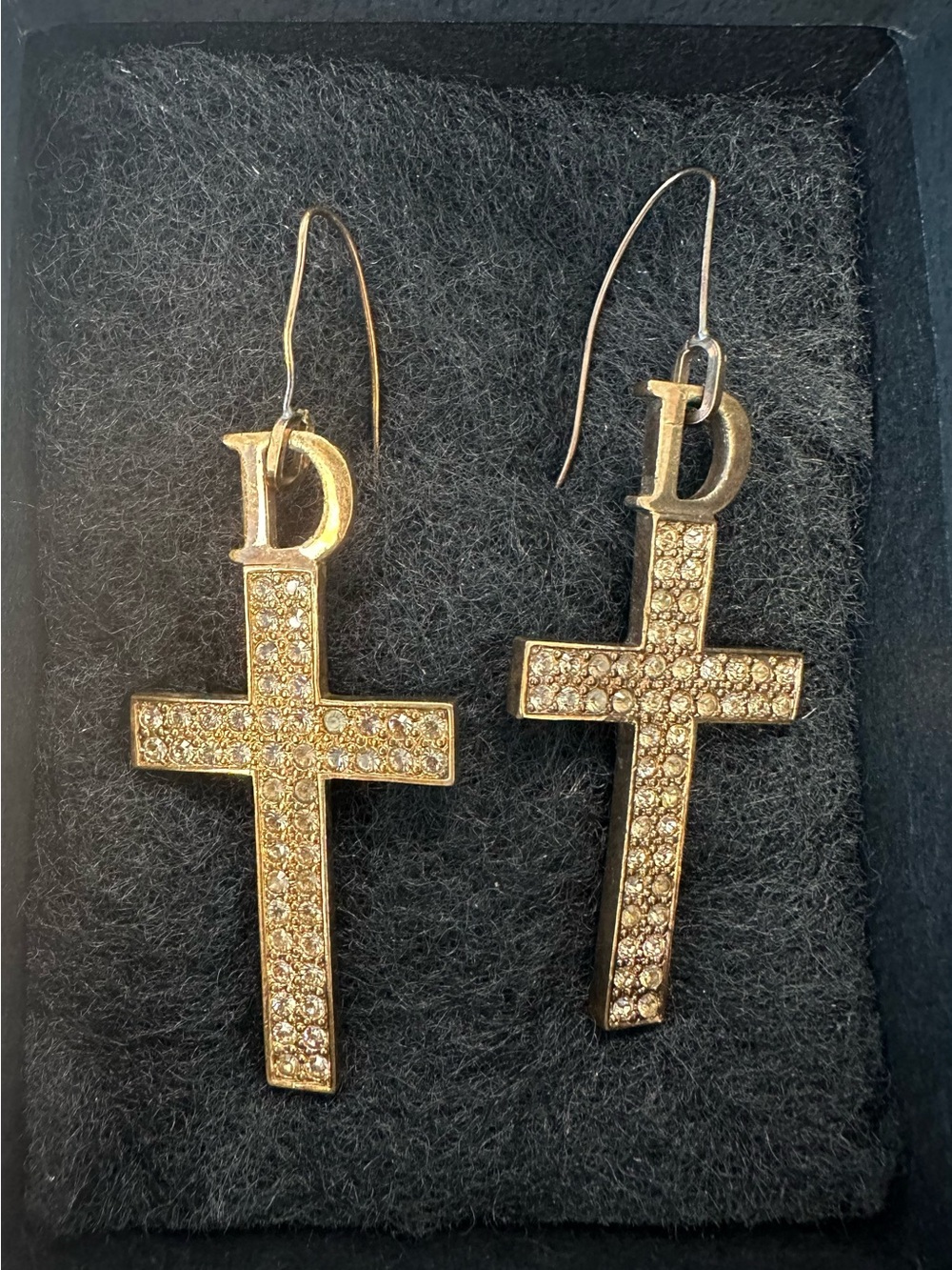 Dior Gold Crystal Cross Drop Earrings with 'D' Charm